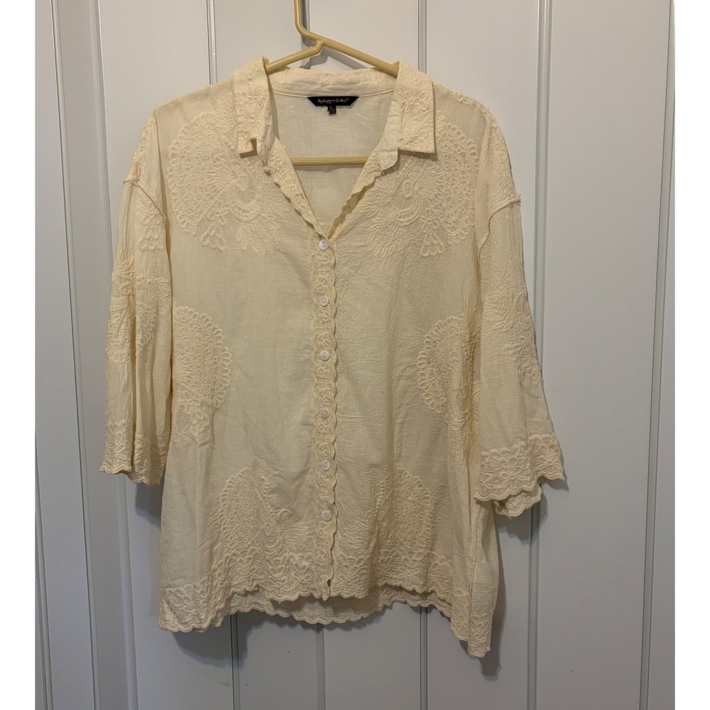 Spiaggia Dolce Women XL Natural Cream Embroidered Cotton Button Up Blouse Top